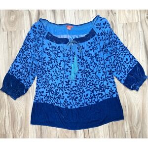 Sundance Top Womens L Blue Burnout Velvet Silk Blend Smocked Off Shoulder Floral